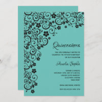 Elegant Quinceañera Black and Turquoise Invitation