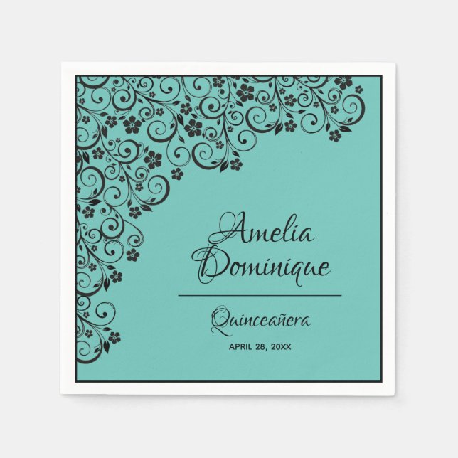 Elegant Quinceañera Black Lace on Turquoise Napkin (Front)