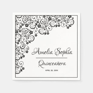 Elegant Quinceañera Black Swirls on White Napkin