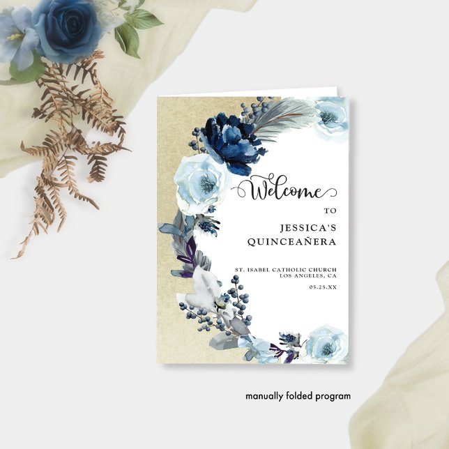 Elegant Quinceañera Blue and Gold Floral Program (Creator Uploaded)