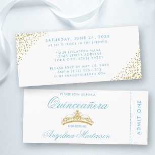 Elegant Quinceanera Blue and Gold Ticket Invitation