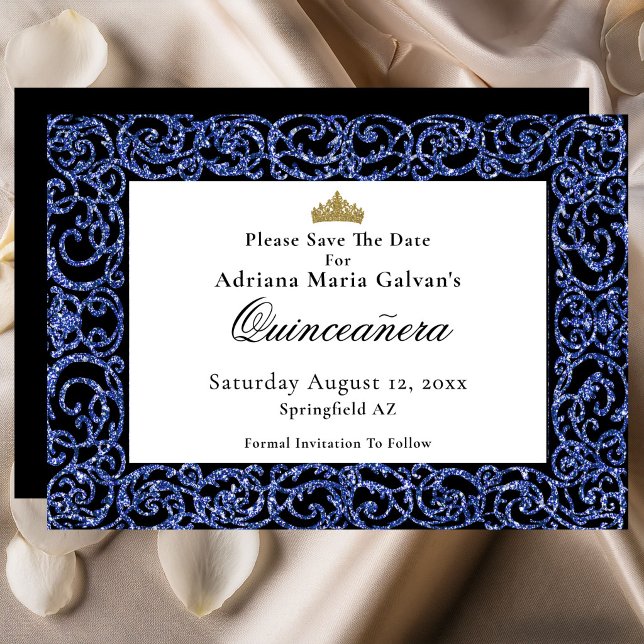Elegant Quinceanera Blue Scrollwork Save The Date (Creator Uploaded)