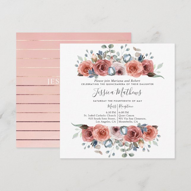 Elegant Quinceanera,  Blush and Dusty Blue Floral Invitation (Front/Back)