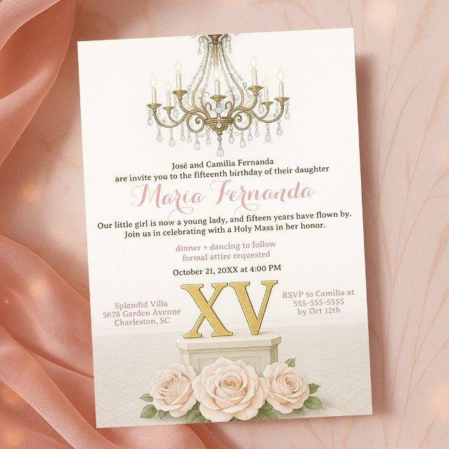 Elegant Quinceañera Blush Chandelier Celebration Invitation (Creator Uploaded)