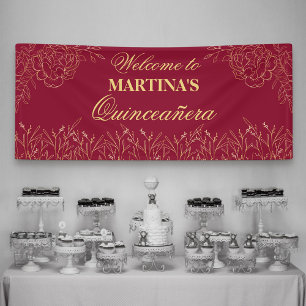 Elegant Quinceanera Burgundy Gold Floral Welcome Banner