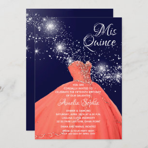 Elegant Quinceañera Coral Gown Stars Invitations