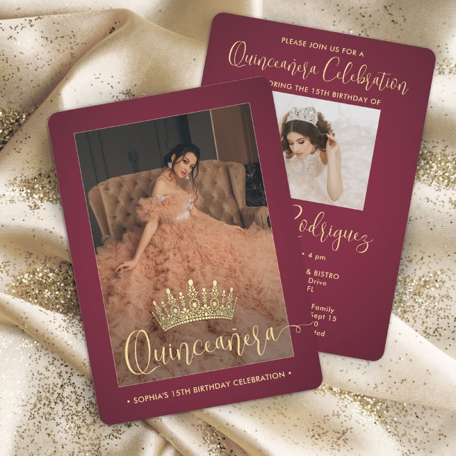 Elegant Quinceañera Crown Modern 2 Photo Burgundy Invitation (Creator Uploaded)