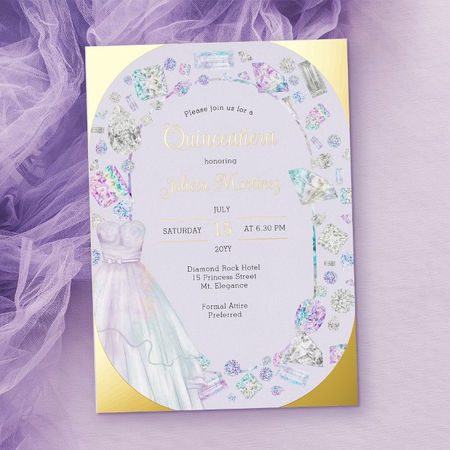 Elegant Quinceanera Diamonds Princess Dress Gold (Luxury Gold foil quinceanera invitation with trendy oval frame)