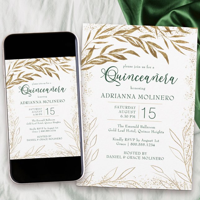 Elegant Quinceanera Emerald Green and Gold Leaves  Invitation (decorated on both sides and available professionally printed or as a printable download)
