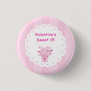 Elegant Quinceañera Floral Bouquet Pink & White 3 Cm Round Badge