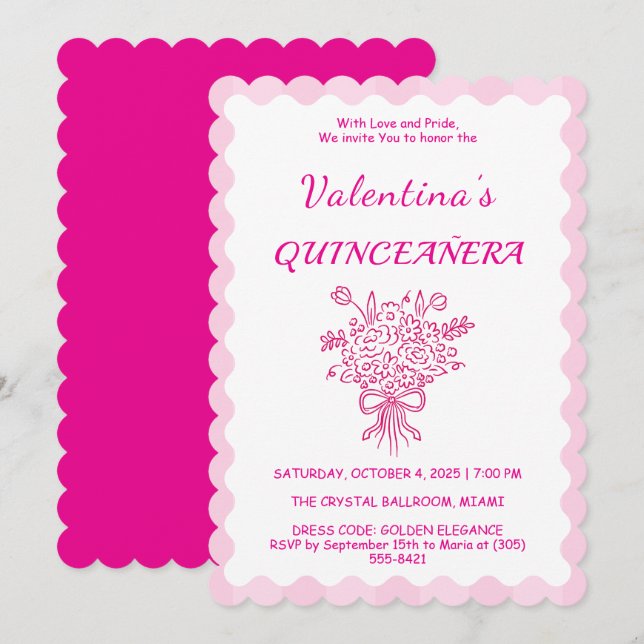Elegant Quinceañera Floral Bouquet | Pink & White  Invitation (Front/Back)