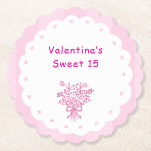 Elegant Quinceañera Floral Bouquet   Pink & White  Paper Coaster