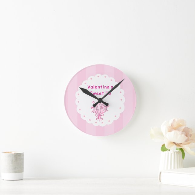 Elegant Quinceañera Floral Bouquet | Pink & White  Round Clock (Home)