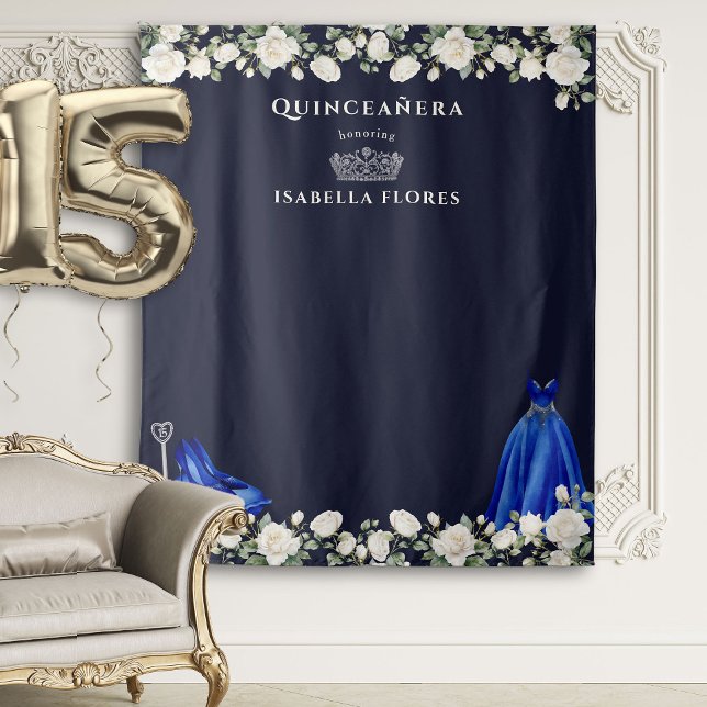 Elegant Quinceanera Floral Princess Dark Blue Tapestry (Quinceanera Backdrop from the Princess Dress and Roses Quinceanera collection by Darling & May)