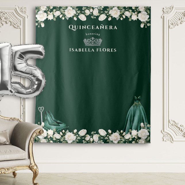 Elegant Quinceanera Floral Princess Green Backdrop Tapestry (Green Backdrop from the Princess Dress and Roses Quinceanera Collection by Darling & May)