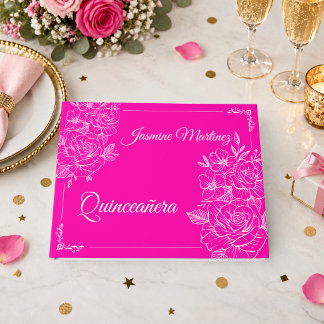 Elegant Quinceañera Fuchsia Pink and White Floral Guest Book