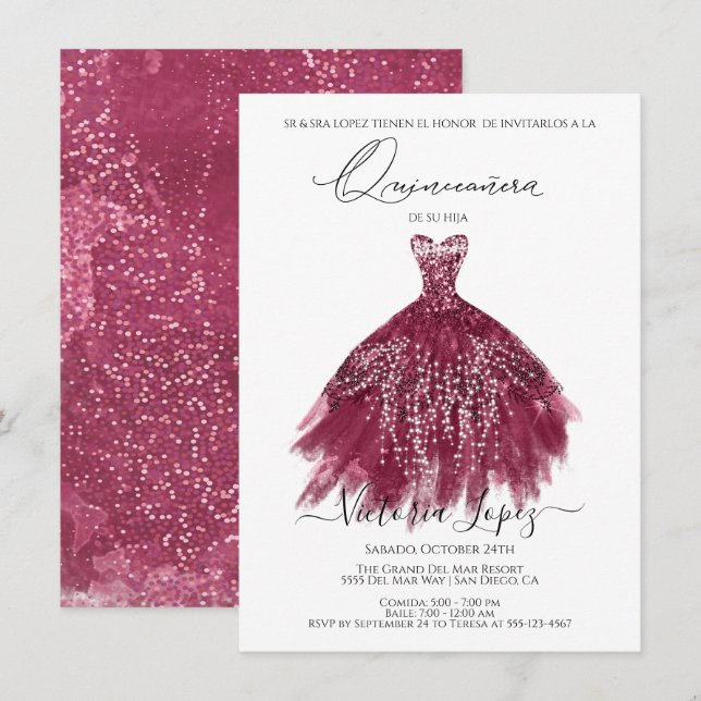 Elegant Quinceañera Glitter Sparkle Spanish Quince Invitation (Front/Back)