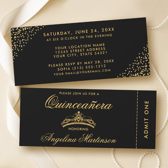 Elegant Quinceanera Gold and Black Ticket Invitation (Customize to change text style or text size.)