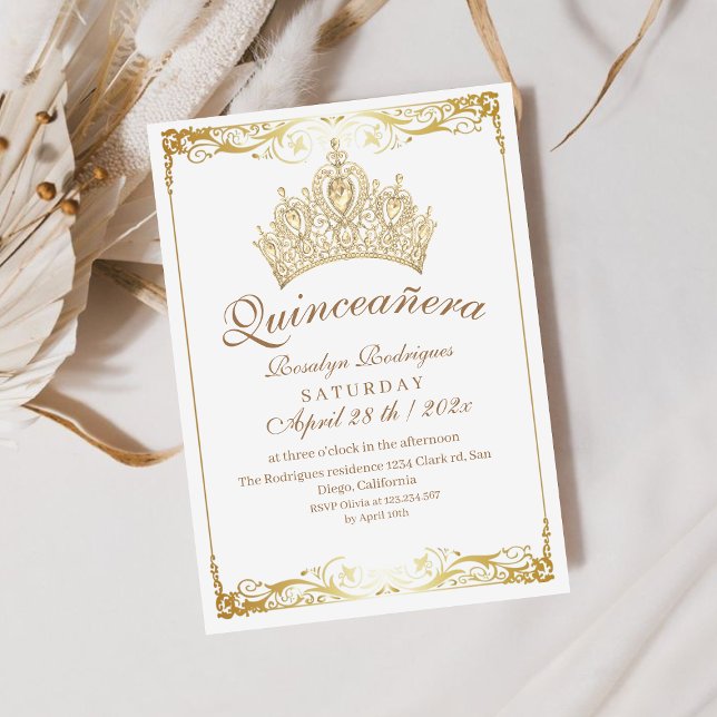 Elegant Quinceañera Gold Crown White Invitation (Creator Uploaded)
