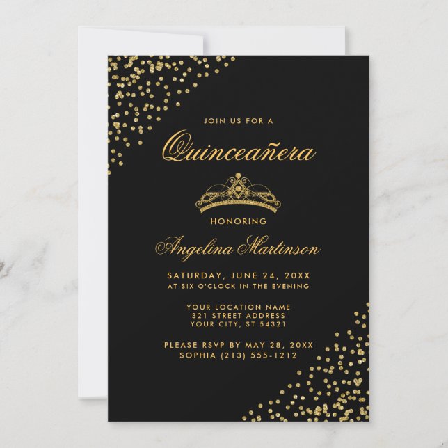 Elegant Quinceanera Gold Glitter Crown Invitation (Front)
