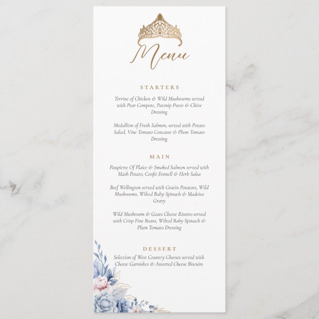 Elegant Quinceanera Gold Tiara Floral menu  (Front)