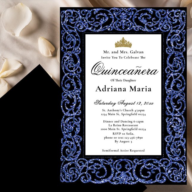 Elegant Quinceanera Invitation Blue Scrollwork (Creator Uploaded)