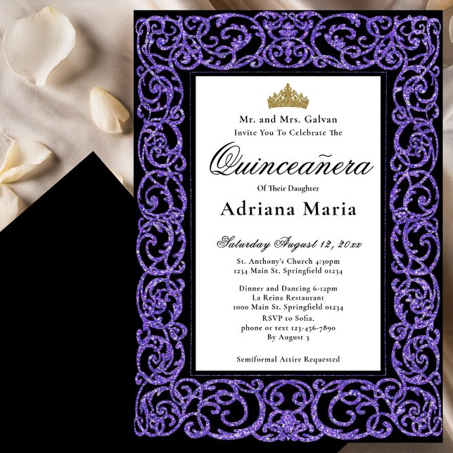 Elegant Quinceanera Invitation Purple Scrollwork (Creator Uploaded)