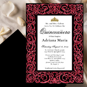Elegant Quinceanera Invitation Red Scrollwork
