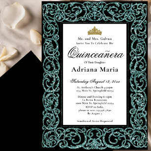 Elegant Quinceanera Invitation Teal Scrollwork