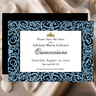 Elegant Quinceanera Light Blue Scrollwork Save The Date