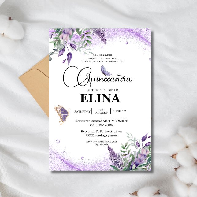 Elegant Quinceañera Lilac Lavender Butterfly  Invitation (Creator Uploaded)