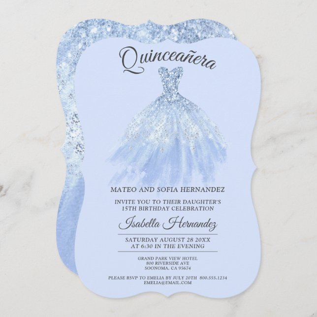 Elegant Quinceanera Mis Quince Blue Violet Glitter Invitation (Front/Back)