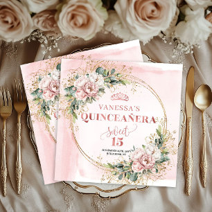 Elegant Quinceañera Napkins in Rose Gold Greenery