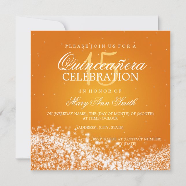 Elegant Quinceanera Party Sparkling Wave 2 Orange Invitation (Front)