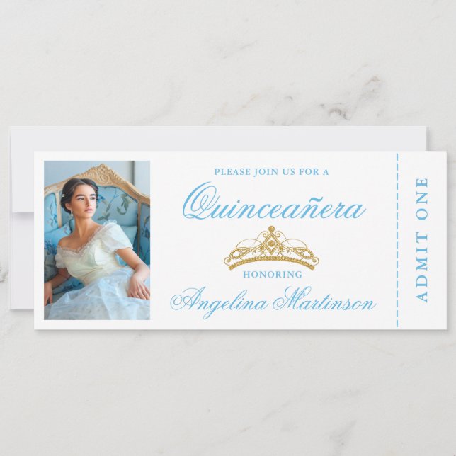Elegant Quinceanera Photo Blue Gold Ticket Invitation (Front)