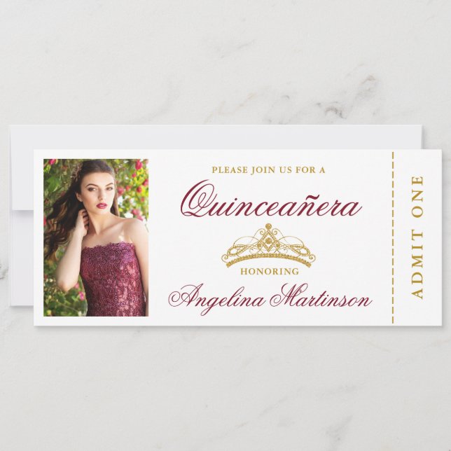 Elegant Quinceanera Photo Burgundy and Gold Ticket Invitation (Front)