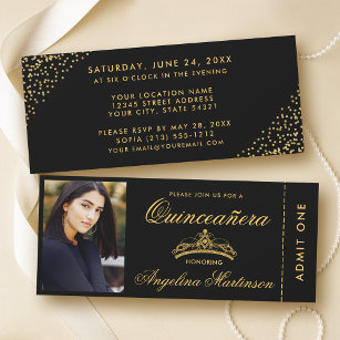 Elegant Quinceanera Photo Gold and Black Ticket Invitation