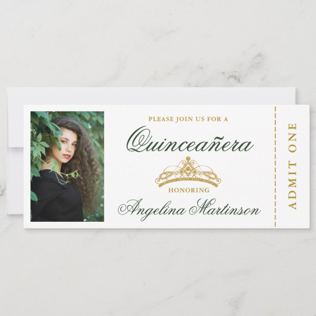 Elegant Quinceanera Photo Green and Gold Ticket Invitation (Front)