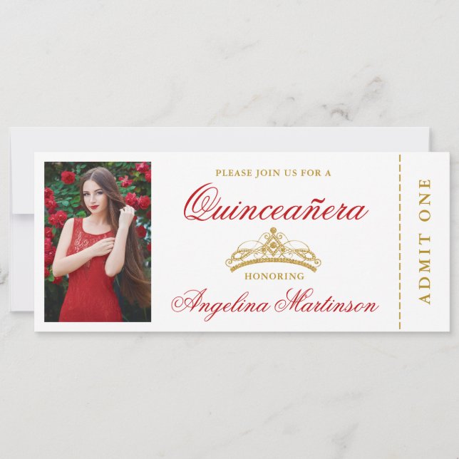 Elegant Quinceanera Photo Red and Gold Ticket Invitation (Front)