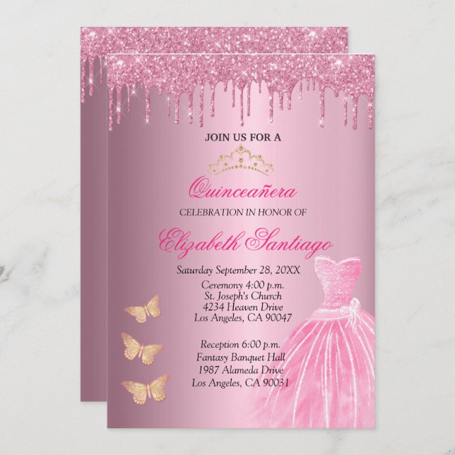 Elegant Quinceañera Pink and Gold Glitter Drips In Invitation (Front/Back)