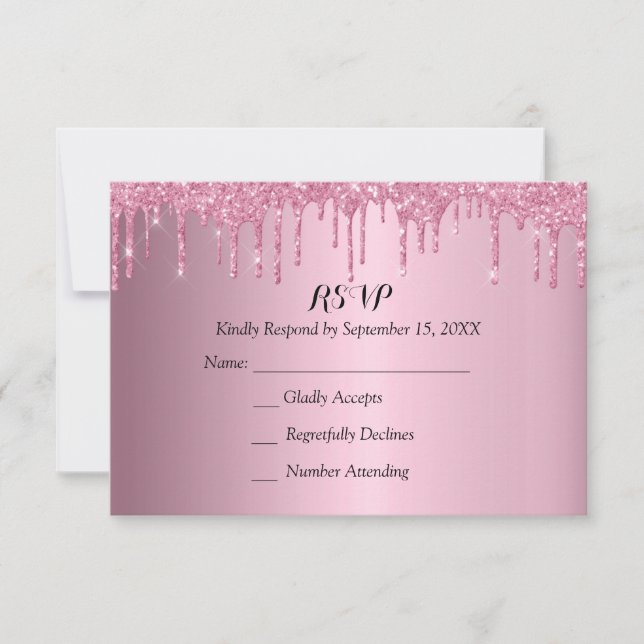 Elegant Quinceañera Pink and Gold Glitter Drips RSVP Card (Front)