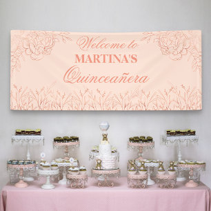 Elegant Quinceanera Pink Rose Gold Floral Welcome Banner