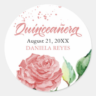 Elegant Quinceanera Pink Rose Watercolor Custom Classic Round Sticker