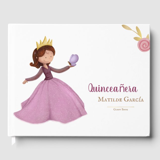 Elegant quinceañera princess with butterfly guest book (Front)