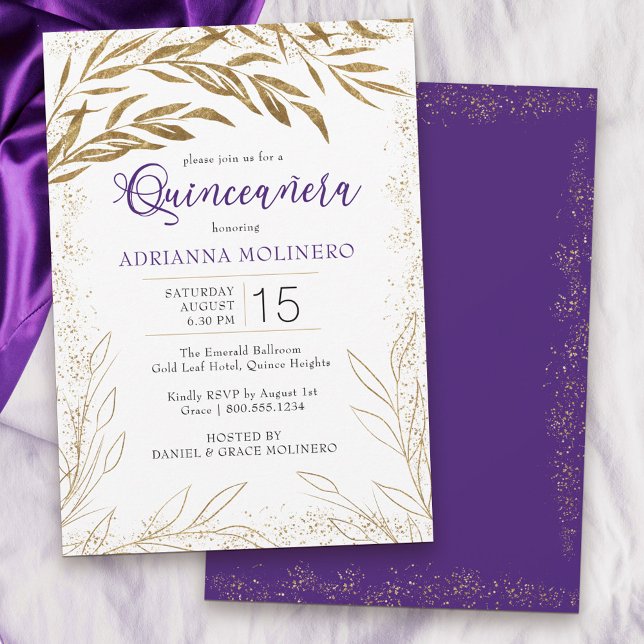 Elegant Quinceanera Purple and Gold Leaves Invitation (Modern Quinceanera invitation in white, purple and gold from my Gold Leaf Collection)