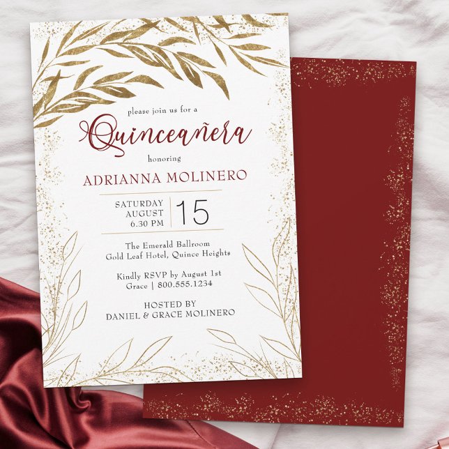 Elegant Quinceanera Red and Gold Leaves Invitation (Modern Quinceanera invitation in white, red and gold from my Gold Leaf Collection
)