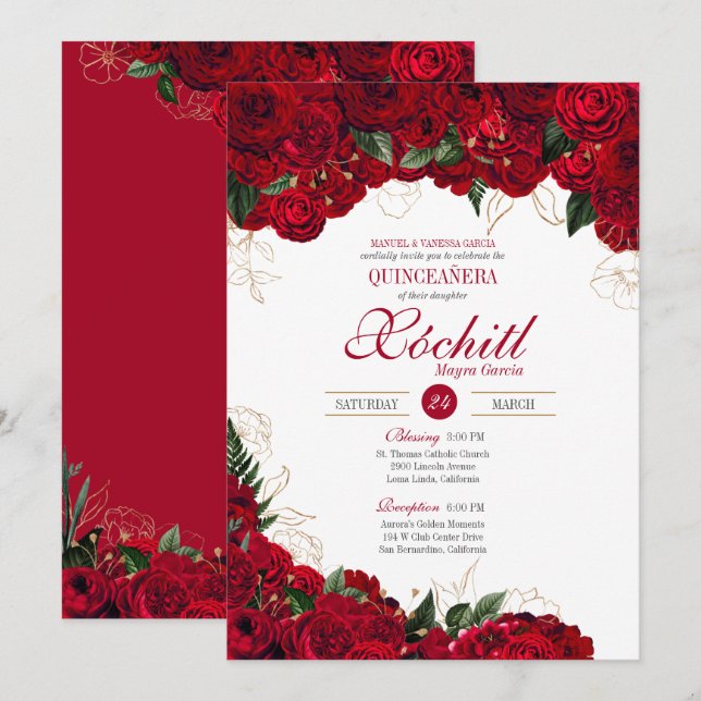 Elegant Quinceanera - Red and Gold Roses Floral Invitation (Front/Back)