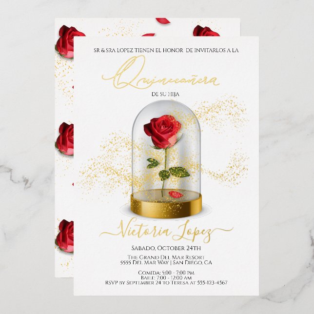 Elegant Quinceañera Red Rose in Spanish (Front/Back)