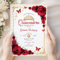 Elegant Quinceanera Red Roses Gold White