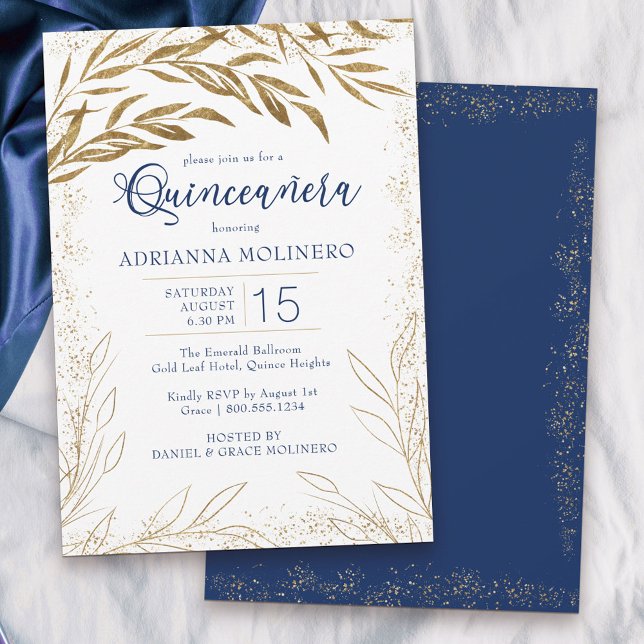 Elegant Quinceanera Royal Blue and Gold Leaves Invitation (Modern Quinceanera invitation in white, blue and gold from my Gold Leaf Collection)